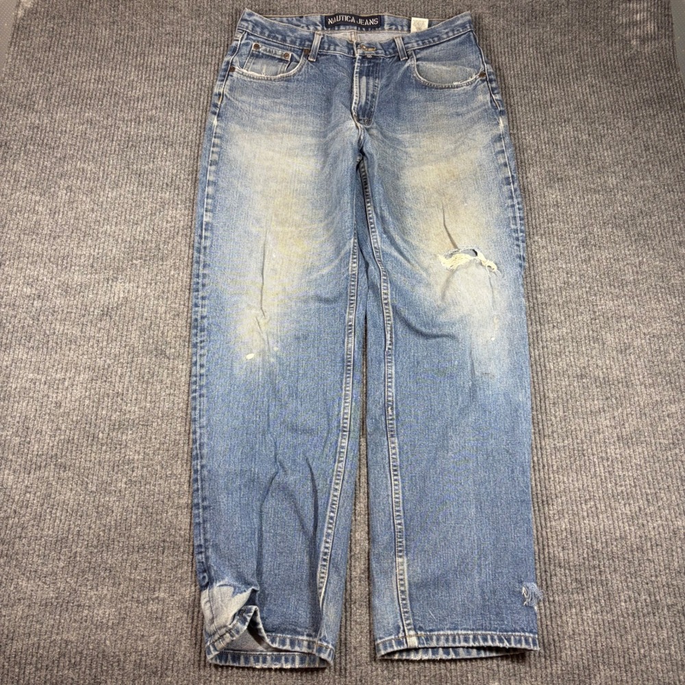 Nautica Jeans Co Jeans Mens 36x32 Blue‎ Distressed Relaxed Fit Denim 9P 3500 433